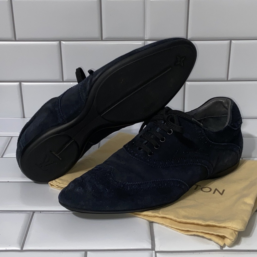 Louis Vuitton LV Shoes Oxford Wingtip Dress Shoes UK 8.5 US 9.5 Navy Blue Suede - Picture 2 of 11